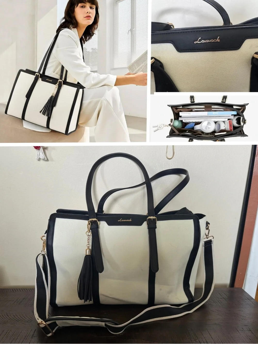 LOVEVOOK Canvas Laptop Tote Teacher Work Bag Black Cream-White